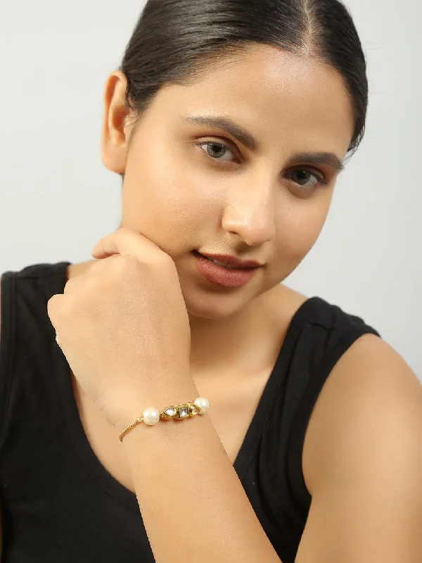 women’s trendy charm bangle-Peryl Women's Gold Toned Kundan Inspired Bracelet With Pearls