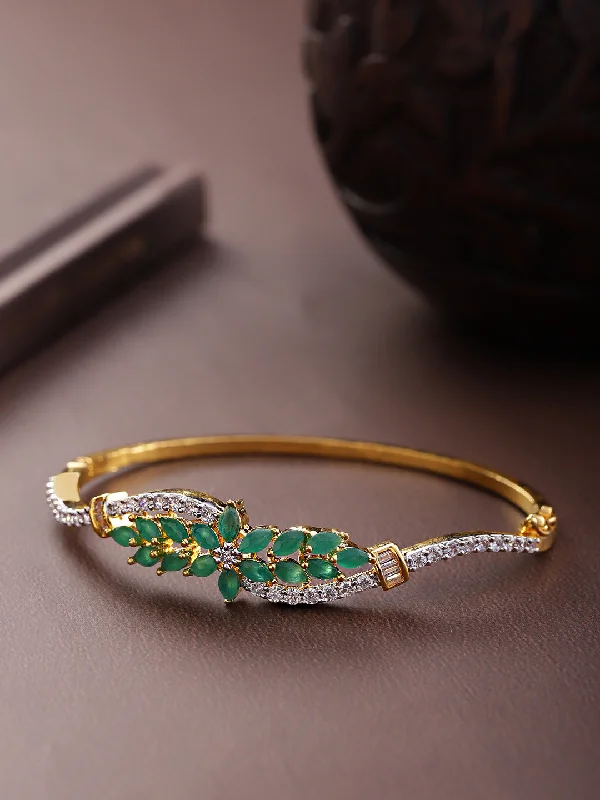 women’s trendy bangle-Priyaasi Women Gold-Plated American Diamond and Emerald Studded, Floral Patterned Bracelet in Green Color