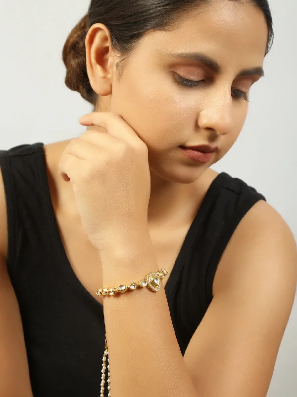 women’s simple woven bracelet-Peryl Women's Handcrafted Gold Kundan Bracelet With Pearls