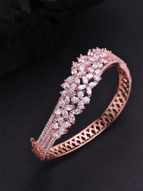 women’s multi-strand bracelet-Priyaasi Women Rose Gold-Plated American Diamond Studded Bracelet in Floral Pattern