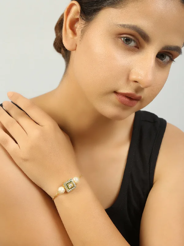 women’s elegant cuff bangle-Peryl Women's Handcrafted Kundan Studded Bracelet With Pearls