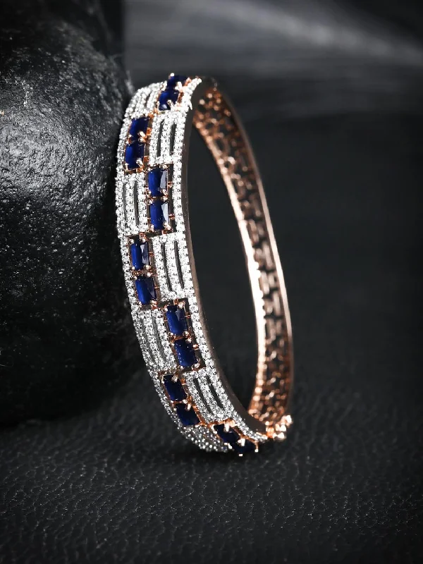 women’s bold bangle-Priyaasi Women Blue American Diamond Rose Gold Plated Bangle Style Bracelet