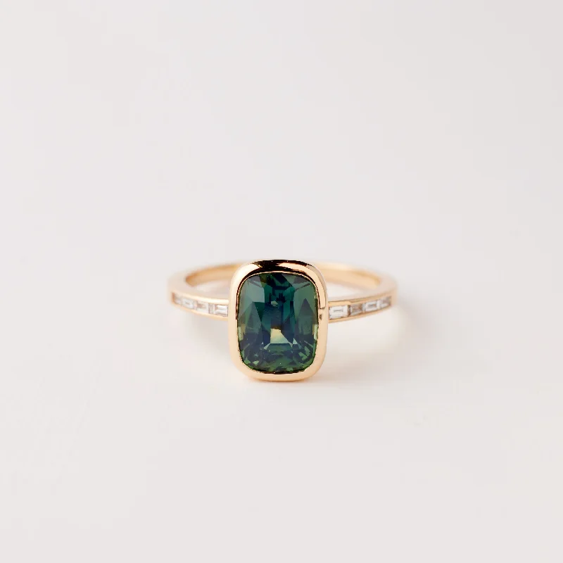 gemstone-studded engagement rings-Presley Ring - 2.62 Carat Green Teal Cushion Sapphire