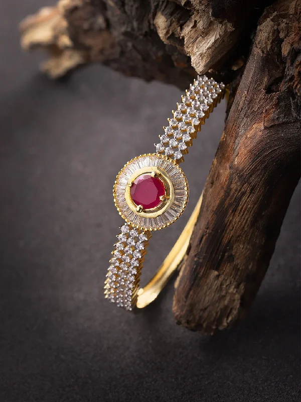 women’s silver chain bracelet-Priyaasi Women Gold-Plated American Diamond and Ruby Studded Bracelet in Pink Color