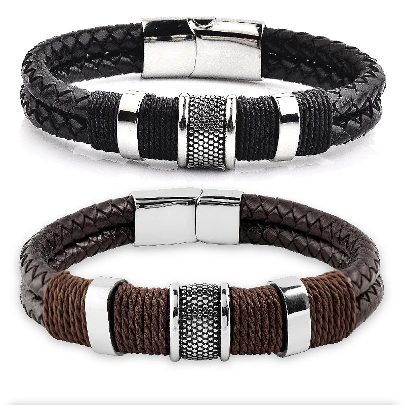 women’s modern bangle-Men's Stainless Steel Woven Leather Bracelet - 8.5 Inches