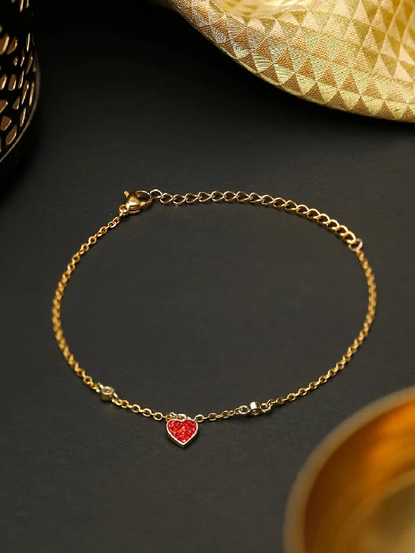 women’s wide bangle-Priyaasi Women Red Stones Gold Plated Heart Link Bracelet