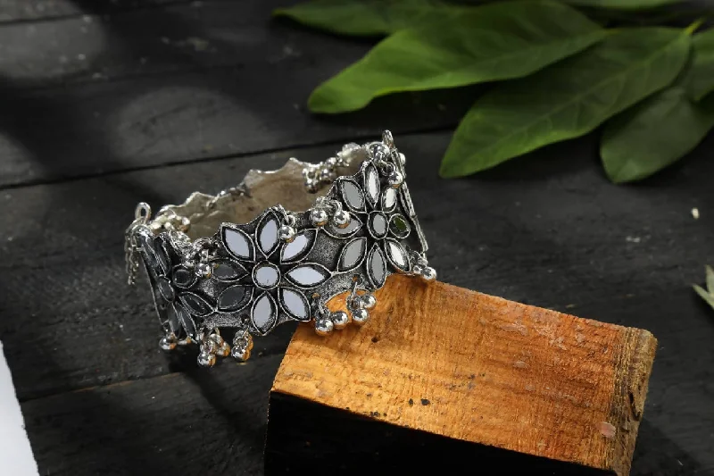 women’s black bangle-Mominos Fashion Silver Plated Oxidised Bracelet with Mirror design