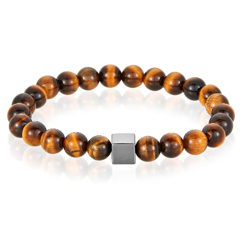 women’s double bangle-Natural Stone and Hematite Cube Bead Stretch Bracelet (8mm)