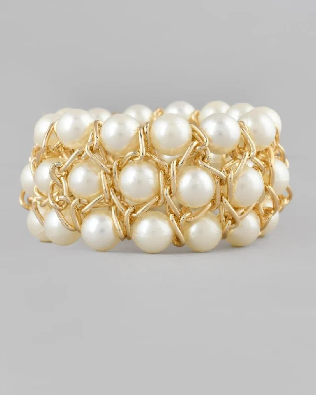 women’s gold link bracelet-VOJ Women White and Gold Toned Pearls Gold Plated Multi Strand Bracelet