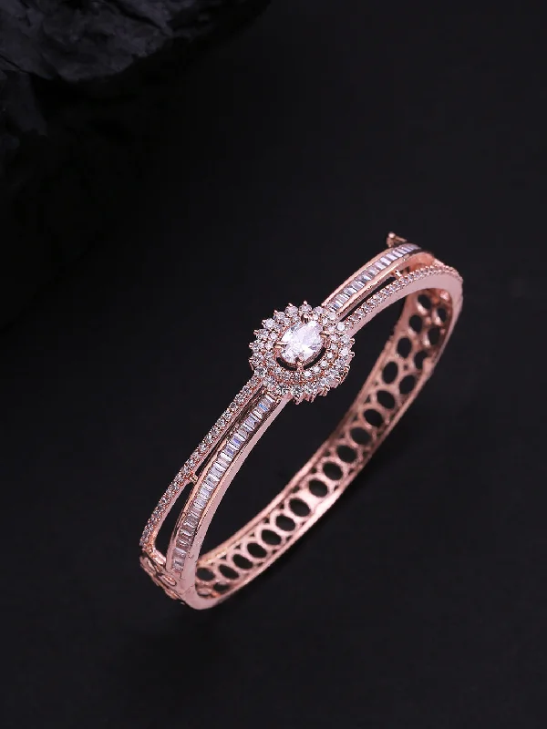 women’s open bangle-Priyaasi Women Gold-Plated American Diamond Studded Dual Toned Floral Cuff Bracelet