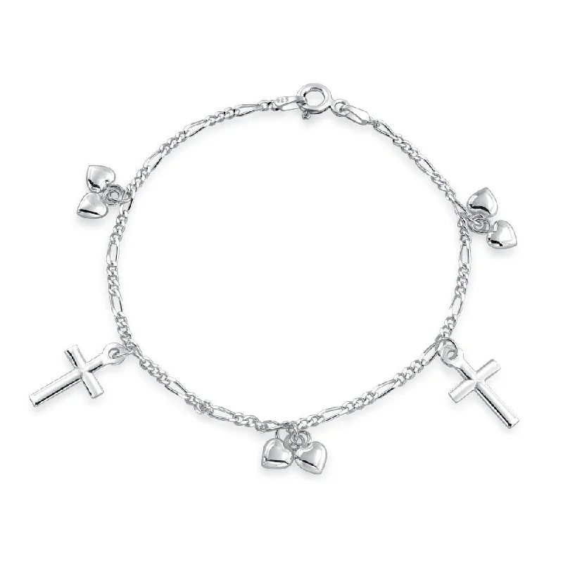 women’s luxury charm bracelet-Christian Chain Link Bracelet with Cross & Heart Charms Sterling Silver 6-7 In