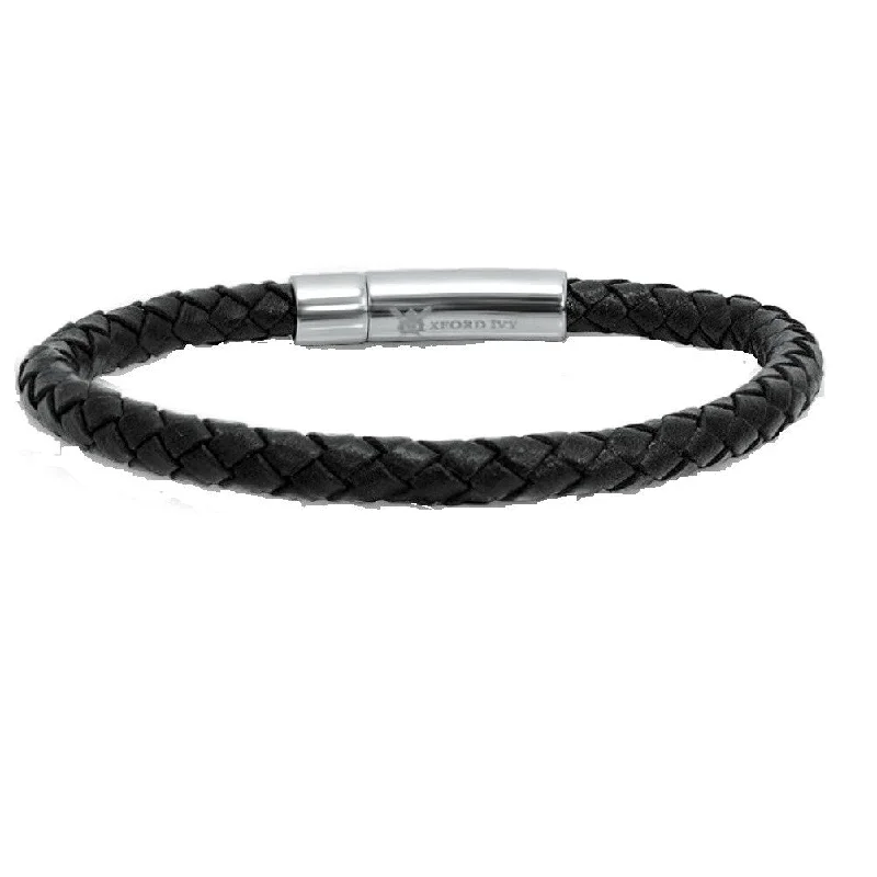 women’s fancy bracelet-Oxford Ivy Black Leather and Stainless Steel Men's Bracelet 8 1/2 inch with Locking Clasp