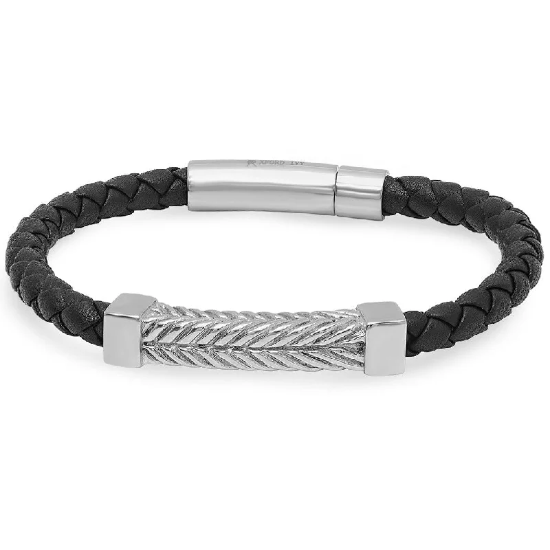 women’s fashion bangle bracelet-Oxford Ivy Braided Black Leather Fashion Bracelet with Locking Stainless Steel Clasp ( 8 1/2 inches)