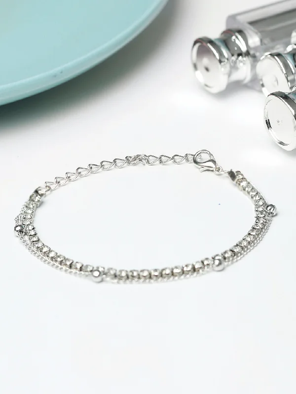 women’s simple silver bangle-Priyaasi Women American Diamond Silver Plated Link Bracelet