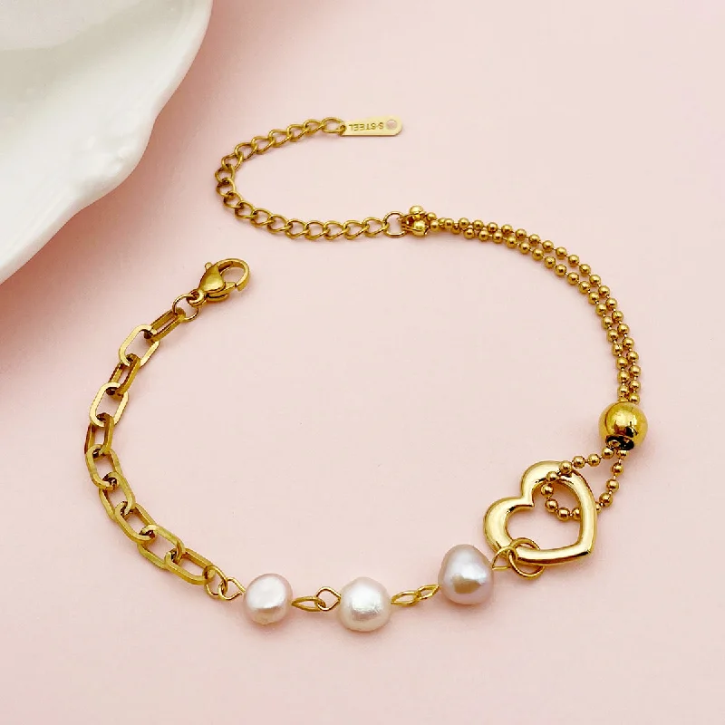 women’s luxurious silver cuff bracelet-Cute Lady Heart Shape Stainless Steel Imitation Pearl Charm Polishing Plating 14k Gold Plated Bracelets