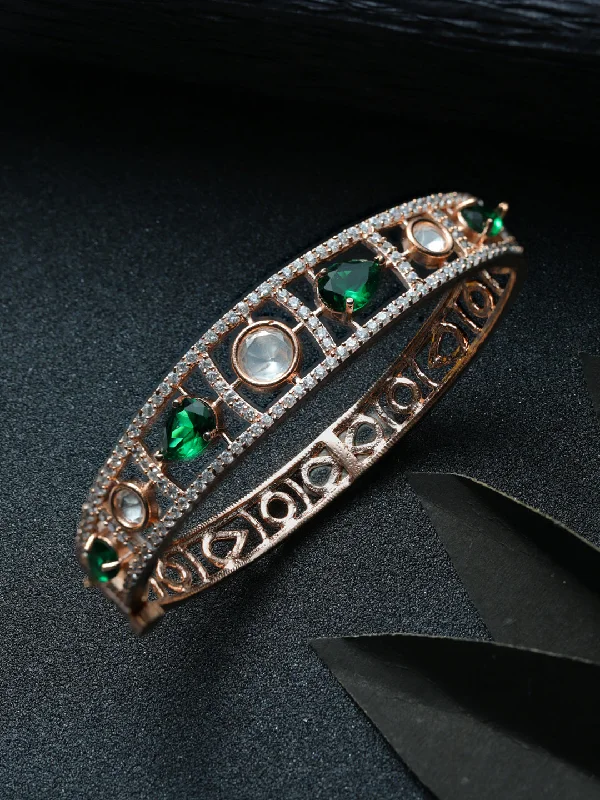 women’s casual bangle-Priyaasi Women Green Teardrop AD Studded Rose Gold Plated Bracelet