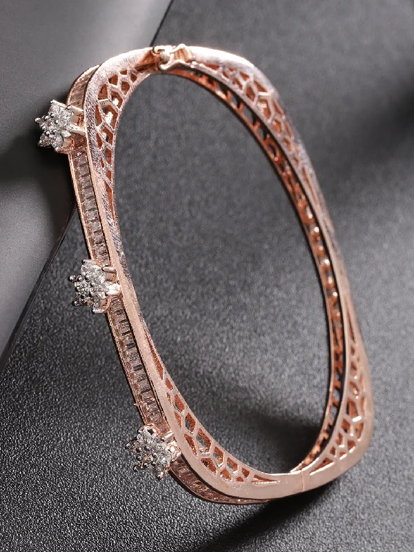 women’s hoop bangle-Priyaasi Women Rose Gold-Plated American Diamond Studded, Floral Patterned Bracelet in Square Shape